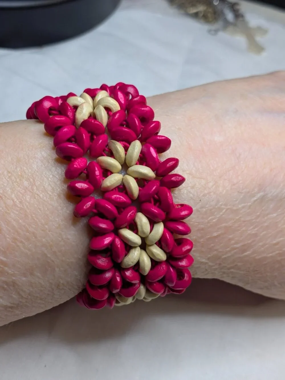 Fuchsia and Cream Wooden Floral Stretch Bracelet